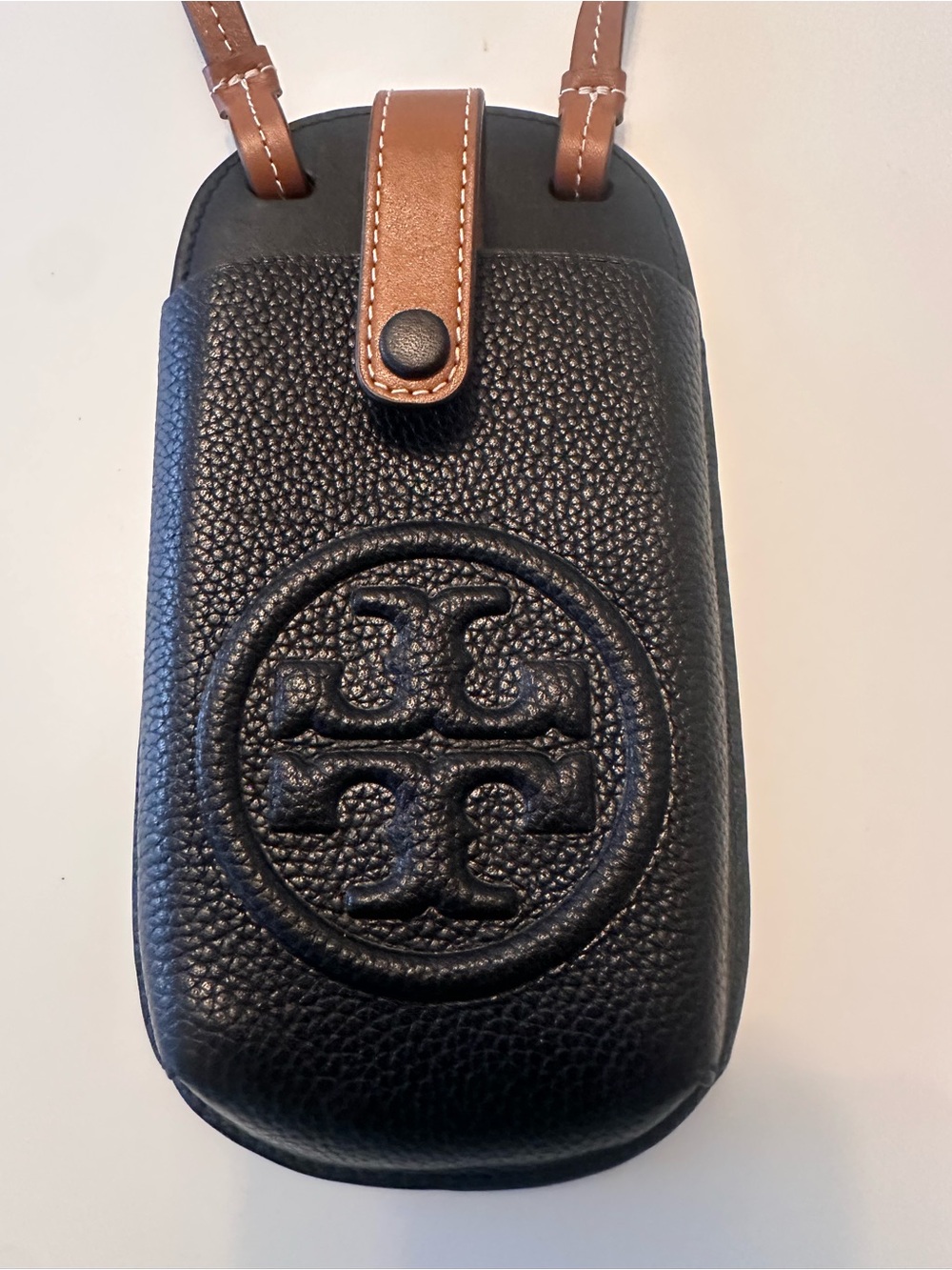 Tory Burch Black Pebbled Leather Phone Crossbody with Brown Strap